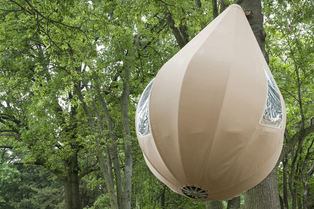Dré Wapenaar, Treetent, 2005. Canvas, wood, powder coated steel, edition of 2, dimensions variable. Laumeier Sculpture Park Collection with funds from the Mark Twain Laumeier Endowment Fund. Photo: Shaun Alvey.
