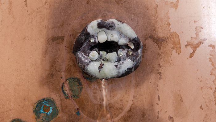 Lou Masduraud, Fontaines (I-VIII) (detail), 2023. Copper oxidized with pickles slices, oyster pearls, marble, tuffo. Courtesy of the artist and Kunstraum Riehen. Photo: Gina Folly.
