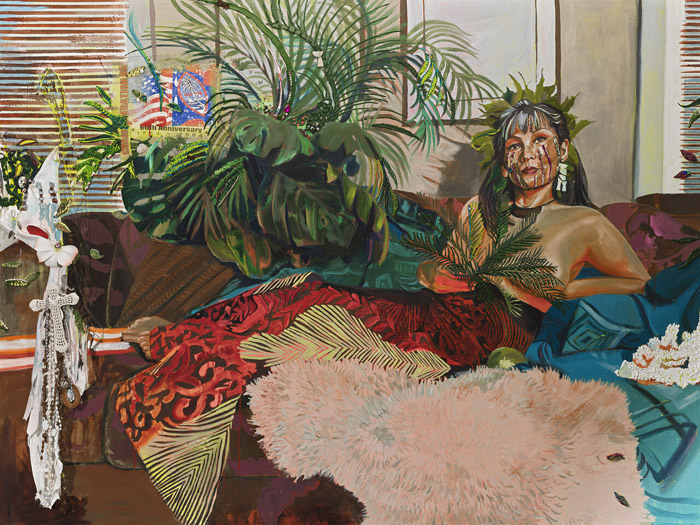 Gisela Charfauros McDaniel, Tiningo’ si Sirena, 2021. Oil on canvas, clothing, objects from subject‑collaborator, shells, pearls, sound. Irving W. and Charlotte F. Rabb Acquisition Fund for the Department of Contemporary Art. © Gisela McDaniel. Courtesy of the artist and Pilar Corrias, London. Photo: © Museum of Fine Arts, Boston