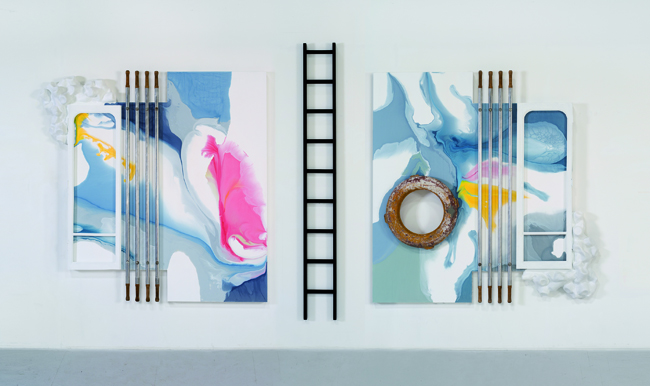© Lucy+Jorge Orta - Untitled, 2016, Assemblage painting on wood, ladder, life ring, aluminium bars, window frames, resin - 520 x 230 cm