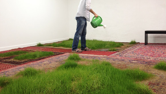 Martin Roth, Untitled (Persian Rugs), 2012. Rugs and grass, variable dimensions. Courtesy the artist and The POOL NYC.
