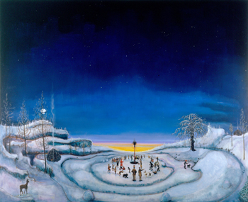 Verne Dawson, Cycle of quarter-day observances, circa 23800 b.c. When Santa was a Shaman, 1999. Oil on canvas, 208.3 x 254 cm. Mima and César Reyes Collection. Image courtesy of the artist and Gavin Brown's Enterprise. © Verne Dawson.
