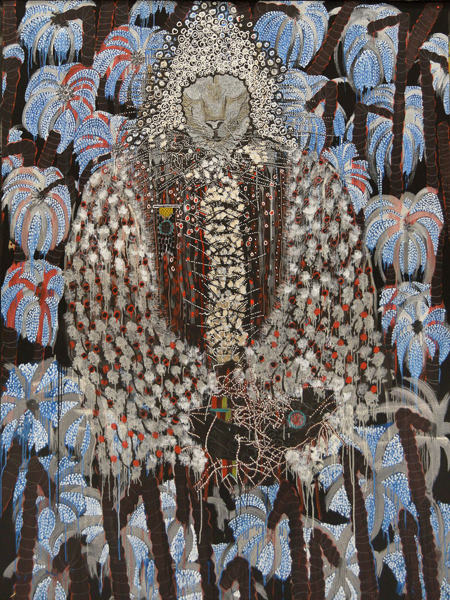 Omar Ba, Afrique, Pillage, Arbres, Richesses, 2014. Oil, gouache, ink and pencil on corrugated carton, 199 x 150 cm. Copyright the artist. Image courtesy the artist and Hales Gallery. 
